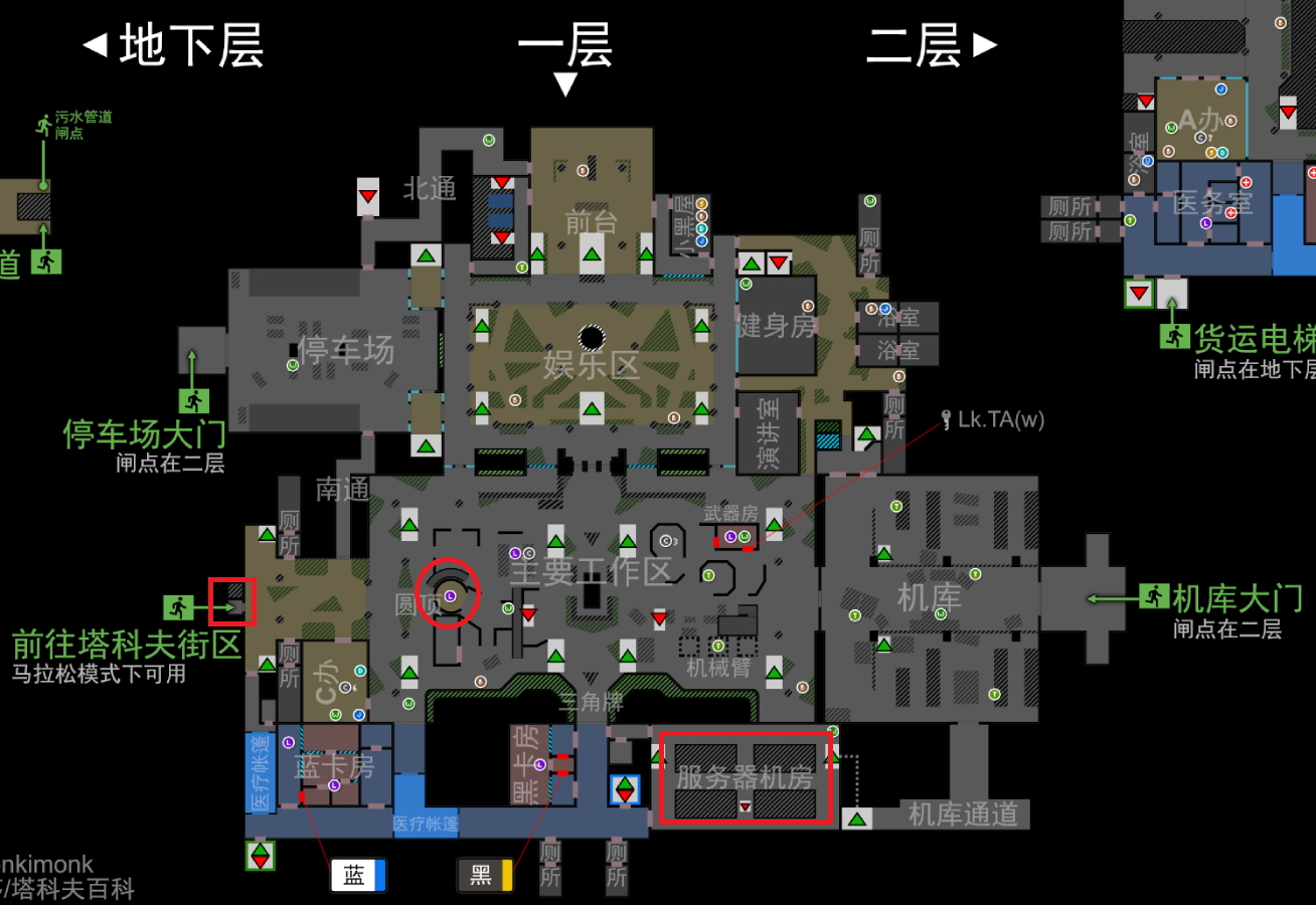实验室中服务器机、圆顶帐篷、大门控制室、塔科夫街区转移点的位置 实验室中服务器机房、圆顶帐篷、塔科夫街区转移点的位置
